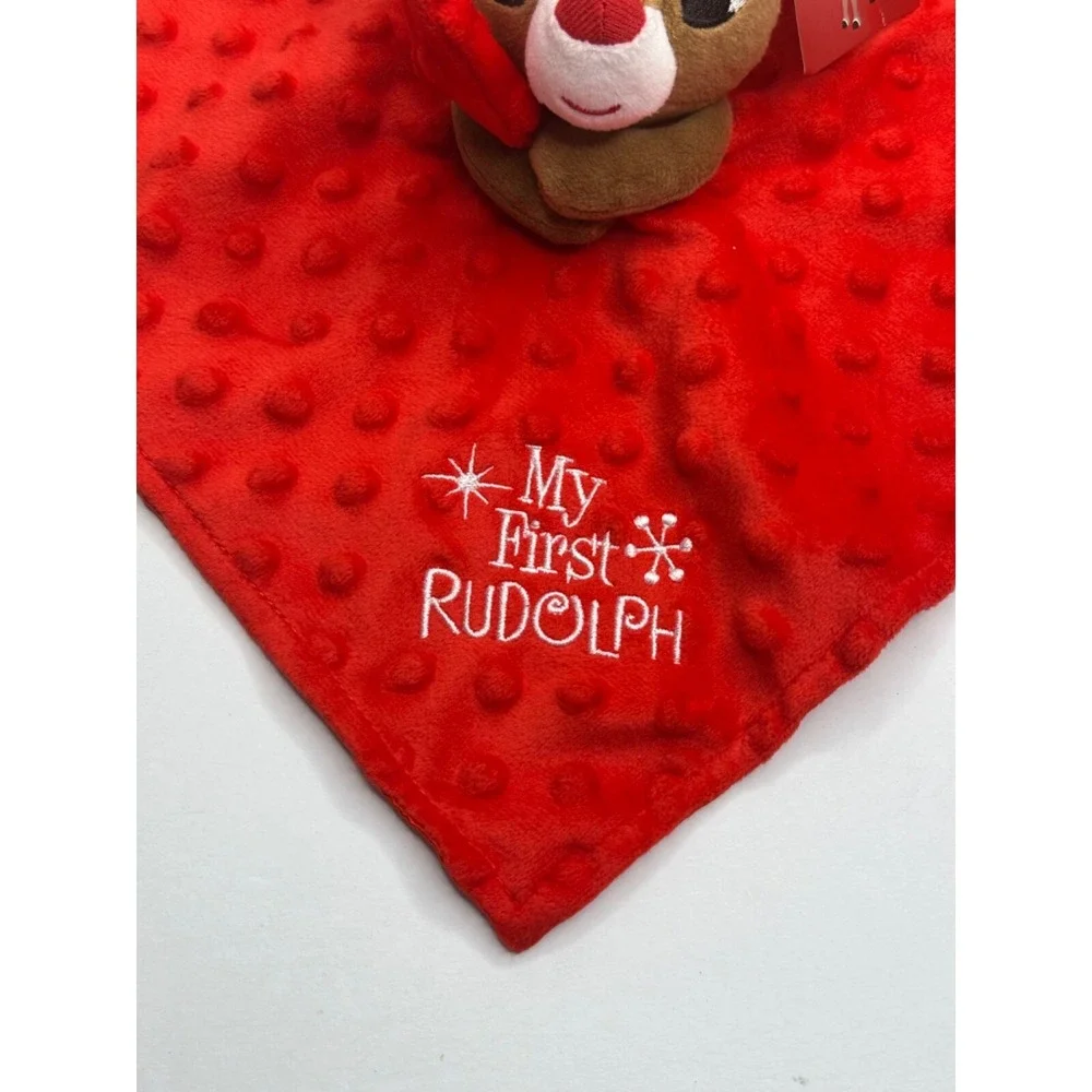 My First Rudolph Red Nosed Reindeer Baby Security Blanket Red Bumps Tags 12x12